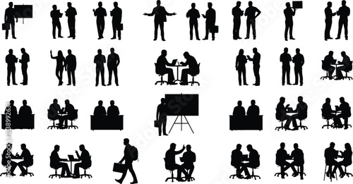 Business, office, interaction, silhouette, posture, gesture, desk, laptop, briefcase, backpack, meeting, presentation, teamwork, setup, corporate, professional, motion, vector, black, pose, flavector