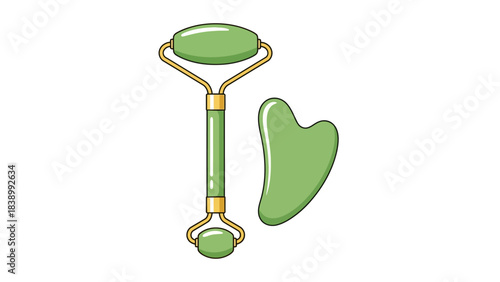 Jade facial roller and Gua Sha tool illustration on white background