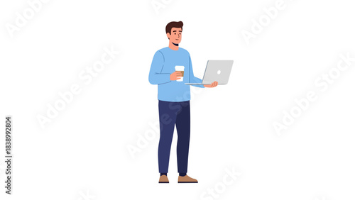 Man in blue shirt holding a laptop and coffee cup against a white background