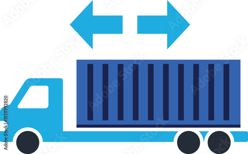 Blue truck with shipping container and opposing arrows logistics transport