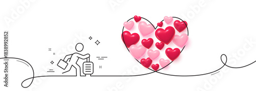 Travel delay line icon. Continuous line big heart. Man run with travel baggage sign. Passenger is late symbol. 3d hearts in heart shaped loop. Travel delay single line ribbon. Vector