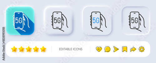 5g internet app line icon. Neumorphic, Flat shadow, 3d buttons. Hand hold phone sign. Cellphone with screen notification symbol. Line 5g internet icon. Social media icons. Vector