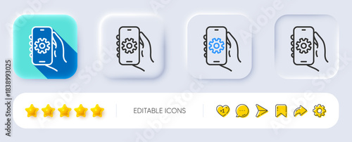 App settings line icon. Neumorphic, Flat shadow, 3d buttons. Hand hold phone sign. Cellphone with screen notification symbol. Line app settings icon. Social media icons. Vector