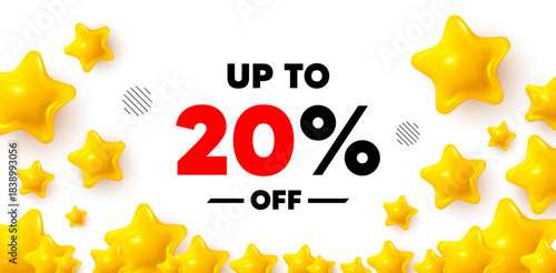 Discount tag winner banner with 3d stars. Golden stars banner. Up to 20 percent off sale. Discount offer price sign. Special offer symbol. Save 20 percentages. Review rate background. Vector
