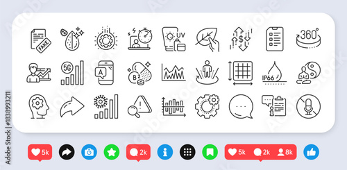 5g wifi, Ab testing and Clipboard line icons pack. Social media: share, comment, like icons. Checklist, Sunscreen, Fake news web icon. Brain working, 360 degrees, Gear pictogram. Vector