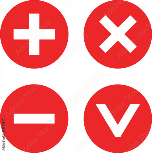 Four Red Circles With White Symbols Plus Minus Cross Checkmark plus sign minus sign