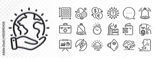 First aid, Mute and Question mark line icons for web app. Glare of light effect. Message icon. Pack of Square area, Sunrise, Bell alert pictogram icons. Time, Certificate, Save planet signs. Vector