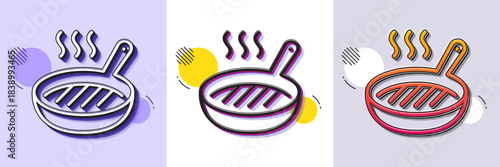 Grill pan line icon. Halftone dotted pattern. Gradient icon with grain shadow. Cooking food griddle sign. Hot frying pan symbol. Line grill pan icon. Various designs. Vector