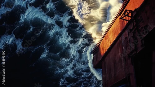 Sunset casts warm hues over Golden Gate Bridge with waves crashing below, Aerial view of Golden Gate bridge at sunset