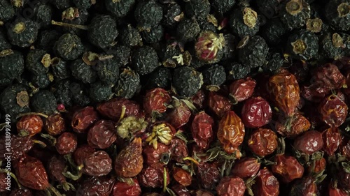 Dried rosehips and Burnet Rose with black hips, close-up. Dog rose hips is rich in vitamin C. Natural dried fruits used in alternative medicine. Superfood, Strong antioxidant.