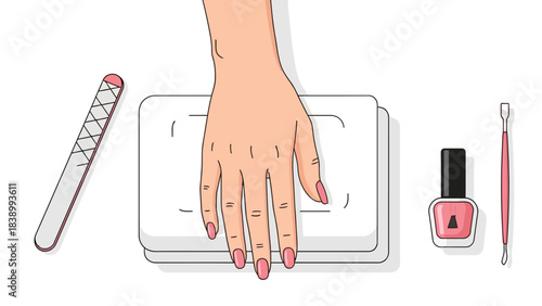 Manicuring tools beside a hand resting on stacked white pads