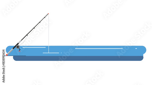 Minimalist illustration of a fishing rod cast from a blue boat onto white background