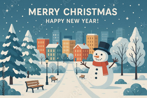 Snowman smiling in winter city park with Christmas and New Year theme  