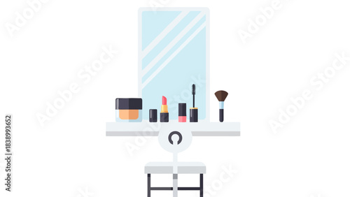 Minimalist illustration of a vanity mirror setup with makeup products and a stool