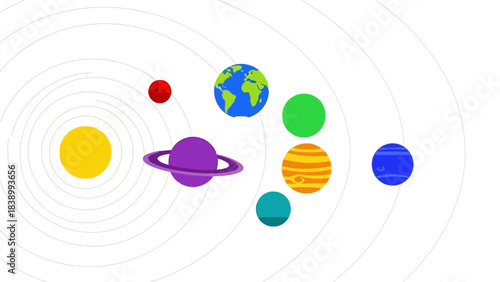 Minimalist pixel art solar system illustration with Sun and seven orbiting planets