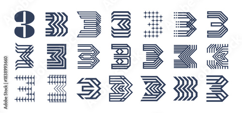 Decorative line abstract number 3 logo set