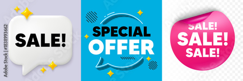 Sale speech bubble. 3d sparkles chat, Paper sticker. Sale promotion tag. Special offer price sign. Advertising Discounts symbol. Special offer bubble. Halftone dots pattern. Vector