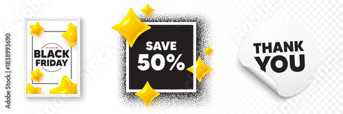 Discount photo frame 3d stars. Thank you sticker banner. Save 50 percent off tag. Sale Discount offer price sign. Special offer symbol. Black friday poster. Promo background. Vector