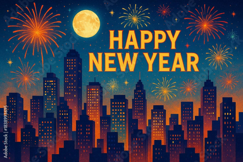 Fireworks lighting up city skyline with Happy New Year in background  