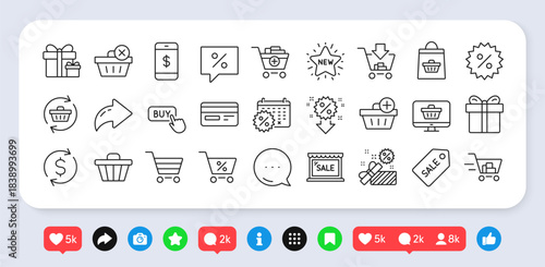 Shopping line icons. Social media: share, comment, like icons. Present coupon, Gift box and Sale offer tag signs. Shopping cart, surprise gift and Delivery symbols. Vector