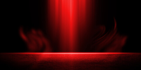 Highly dramatic low-key background featuring  deep red textured stone floor or ground. Powerful red light beams shine down from above creating smoky ethereal and intense presentation stage or studio