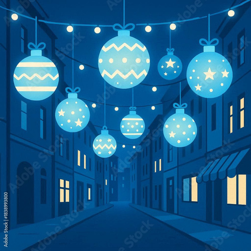 Blue Christmas ornaments hanging in festive street decoration  