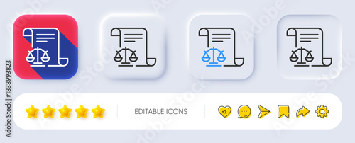 Legal documents line icon. Neumorphic, Flat shadow, 3d buttons. Justice scales sign. Judgement doc symbol. Line legal documents icon. Social media icons. Vector