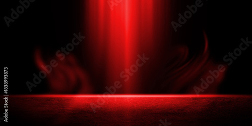 Highly dramatic low-key background featuring  deep red textured stone floor or ground. Powerful red light beams shine down from above creating smoky ethereal and intense presentation stage or studio
