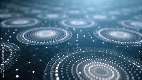 Digital abstract design featuring interconnected circular patterns on a blue background, evoking a sense of technology and connectivity.