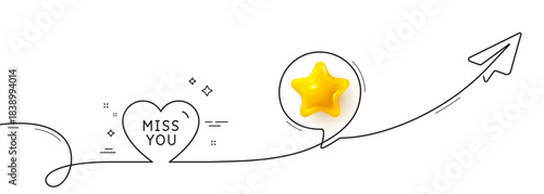 Miss you line icon. Continuous line with share plane. Sweet heart sign. Valentine day love symbol. 3d star in speech bubble. Miss you single line ribbon. Loop curve pattern. Vector