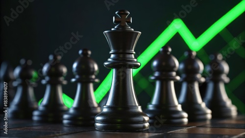 A chess king stands prominently among black pieces, with a green upward trend line in the background, symbolizing strategy and growth.