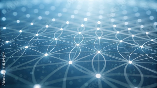 Abstract design featuring interconnected circles and lines on a blue background, creating a visually engaging pattern.