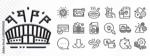 Energy, Digestion and Food app line icons for web app. Glare of light effect. Message icon. Pack of Sports arena, Hotel, Download pictogram icons. Wallet, Warning, Truck transport signs. Vector