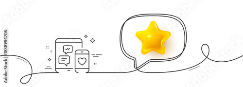 Social media messages line icon. Continuous line with 3d star. Mobile devices sign. Smartphone Love message symbol. 3d star in speech bubble. Social media single line ribbon. Vector