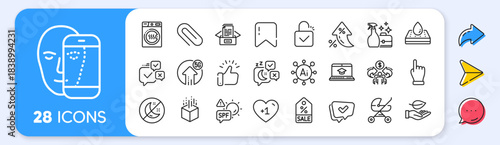 Sharing economy, Face biometrics and Augmented reality line icons. Interest rate, AI generate, Inflation icons. Pack of Cleanser spray, Spf protection, Documents box icon. Vector