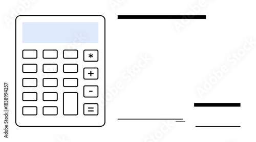 Calculator with numeric keypad and function buttons alongside minimal lines and shapes. Ideal for finance, education, mathematics, accounting, data, planning, technology. A clean simple flat