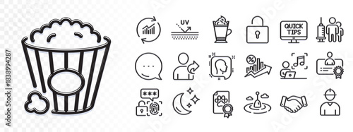 Web tutorials, Medical vaccination and Biometric security line icons for web app. Glare of light effect. Message icon. Pack of Update data, Refer friend, Loan percent pictogram icons. Vector