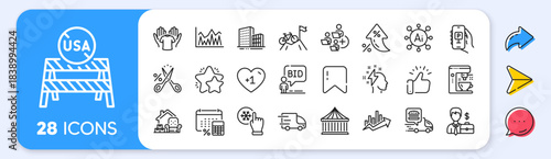 Cut tax, Usa close borders and Parking app line icons. Interest rate, AI generate, Inflation icons. Pack of Carousels, Annual tax, Coffee maker icon. Vector