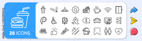 Public Services, Wifi line icons. Interest rate, AI generate, Inflation icons. Elevator, Cloakroom and Taxi icons. Exit, ATM and Escalator. Wifi, Lift or elevator, Restaurant food. Vector