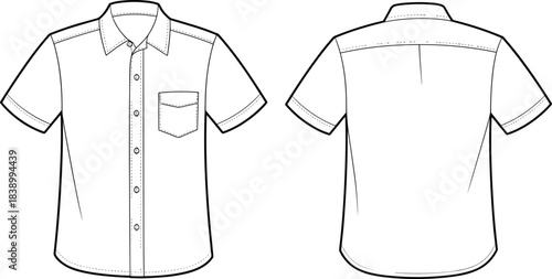 Detailed flat vector illustration of a men's short-sleeve button-up shirt with pocket, front and back view design