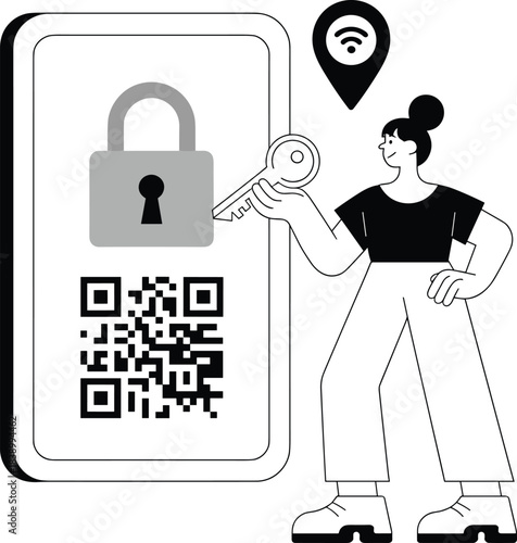 Digital security access, QR code authentication, mobile lock screen, key holder, Wi-Fi location pin, encryption concept, flat vector illustration