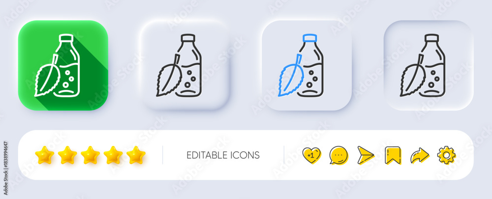 Obraz premium Water bottle line icon. Neumorphic, Flat shadow, 3d buttons. Soda aqua drink sign. Mint leaf symbol. Line water bottle icon. Social media icons. Vector