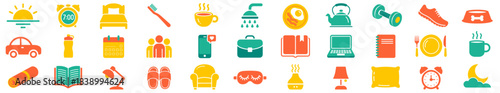 Colorful daily routine icons set featuring morning, work, fitness, and sleep symbols in flat vector style