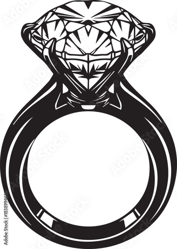 Black outline of a diamond engagement ring with a large faceted gemstone