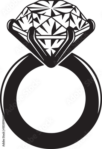 Black outline of a diamond engagement ring with a large faceted gemstone