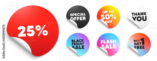 Discount red sticker tag. Special offer paper price tags. 25 percent off sale tag. Discount offer price sign. Special offer symbol. Discount, black friday sticker. Promo banner. Vector