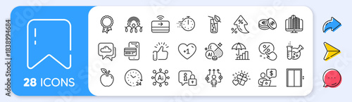Lock, 24 hours and Water glass line icons. Interest rate, AI generate, Inflation icons. Pack of Apple, Contactless payment, Online shopping icon. Cooking timer, Discount button, Lift pictogram. Vector