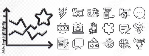 Microphone, Timer and Change money line icons for web app. Glare of light effect. Message icon. Pack of Ranking stars, Documents, Time management pictogram icons. Vector