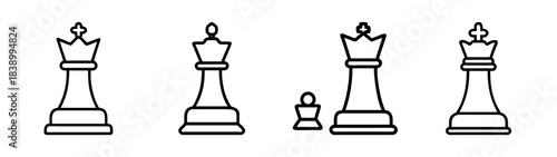 Outline chess pieces icon set: king, queen, and pawn symbols