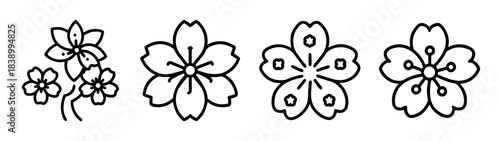 Minimalist sakura flower line art vector icons isolated on white